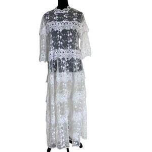 Solution Womens Elegant White Lace Tiered Maxi Dress Size Large Fairy‎ Feminine